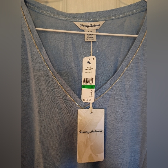 Tommy Bahama Linen Cabo Blue Beaded V Neck Top MSRP $75 - Picture 2 of 5